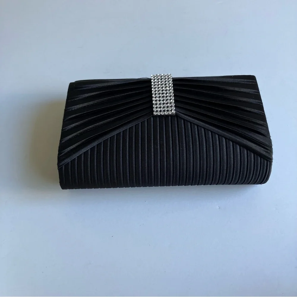 Vintage Jessica McClintock Black Crystal Prom Bow Embellished Clutch Satin Bag